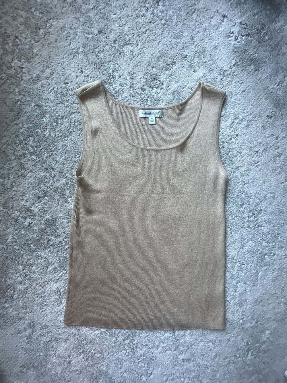 Coldwater Creek Tank Top Size M Gold Metallic Silk Blend Ribbed Scoop Neck